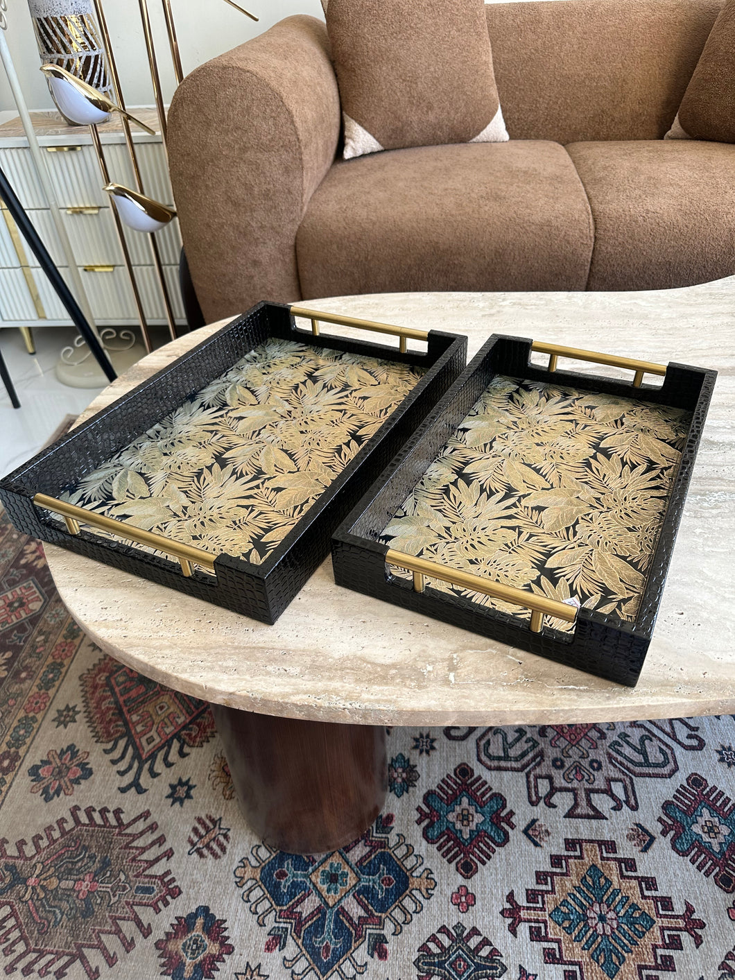 Black Leather Tray set with Gold design 013
