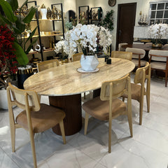 Travertine Dining Table with Rattan chairs (Delivery only in Lhr)