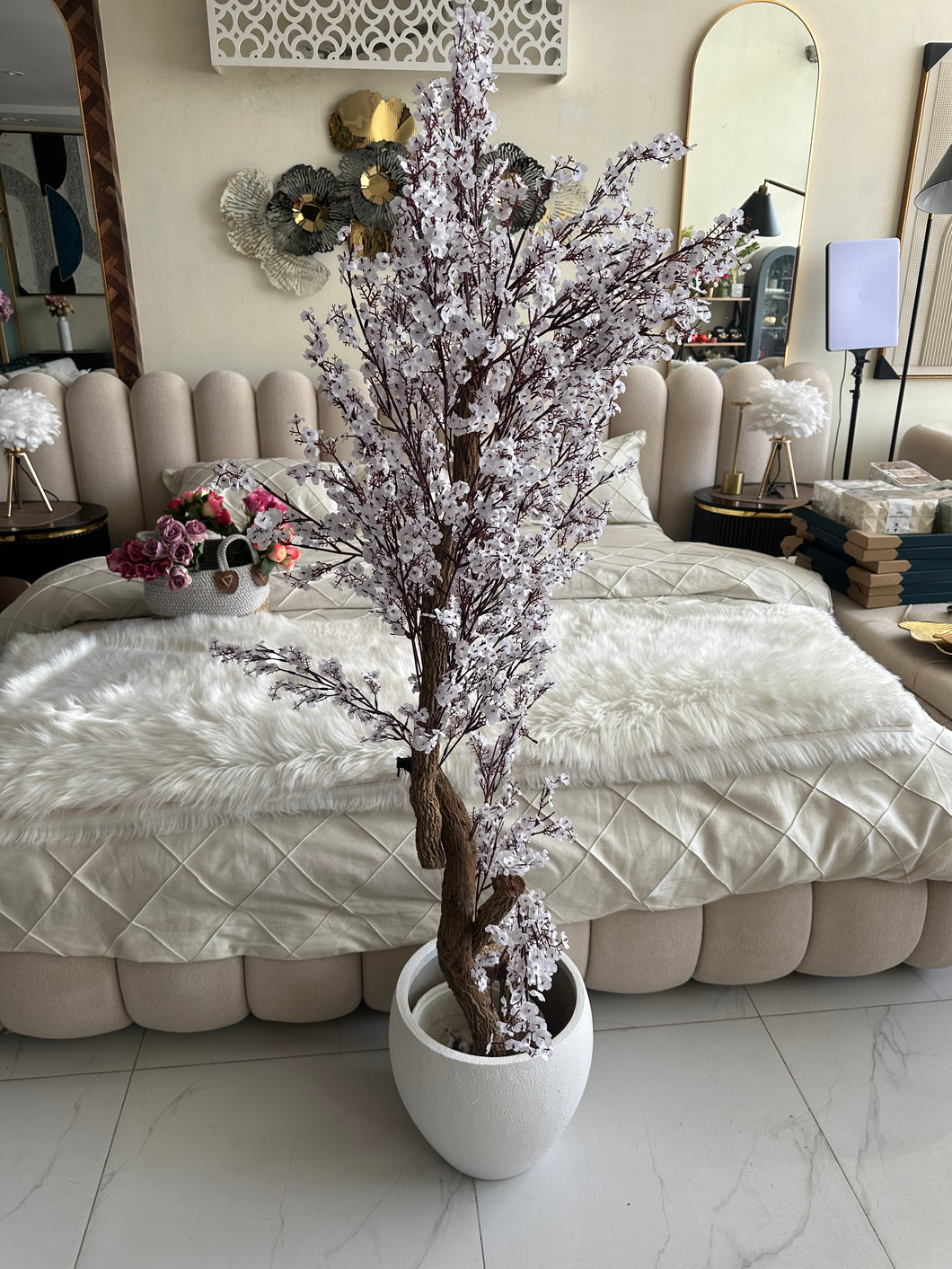 Faux Eucalyptus White flower Plant (medium) with Hugo planter White