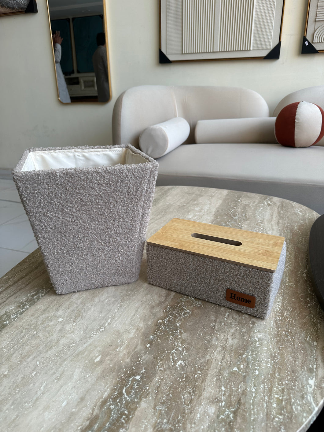 Beige boucle tissue box and Storage box