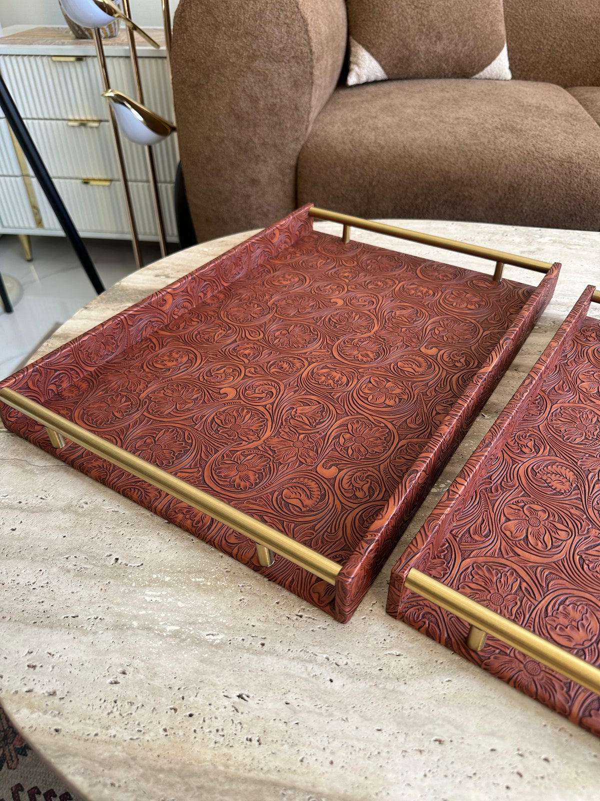 Antique Brown Leather Tray set with design 014