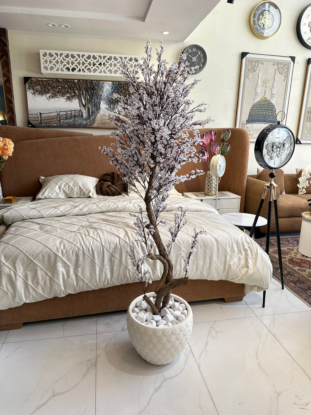 Faux Eucalyptus White flower Plant with Imported Planter