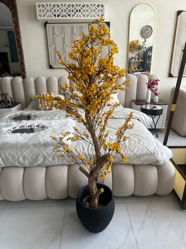 Faux Eucalyptus Yellow flower Plant (medium) with Hugo planter Black