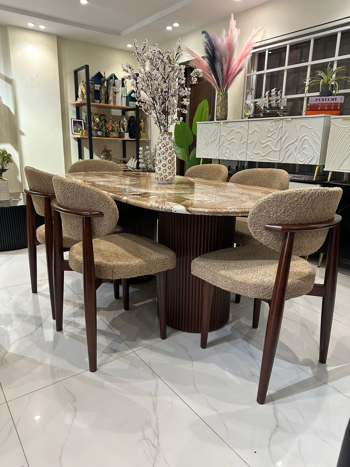 Marble Texture Dining table with Woody Chairs 04