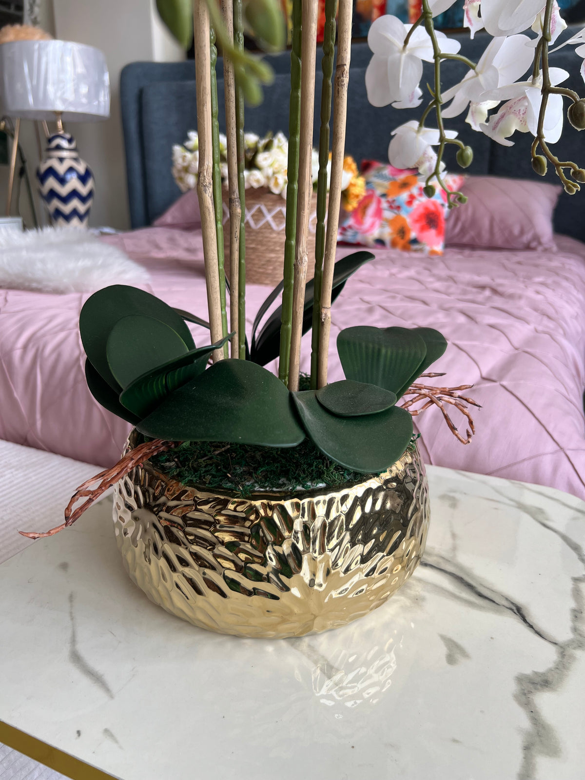 Orchids Flower Arrangement in Gold pot