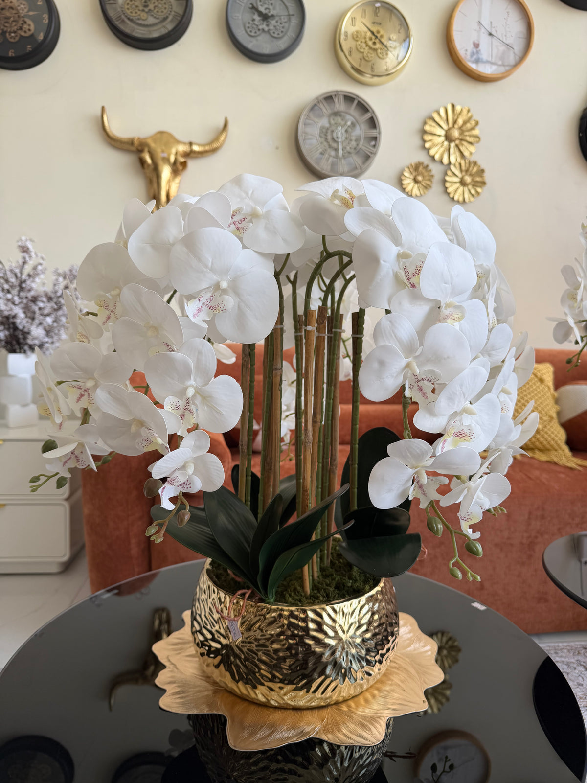 Orchids Flower Arrangement in Gold pot