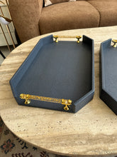Blue Leather Tray set with Gold handles 024