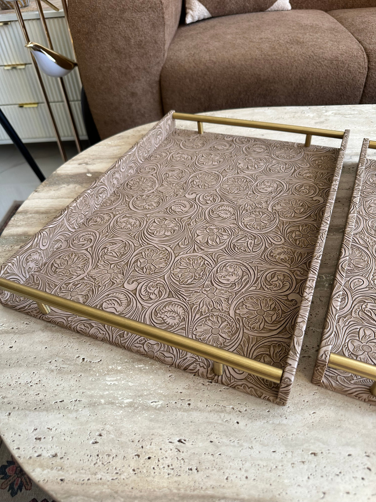 Taupe Leather Tray set with design 018