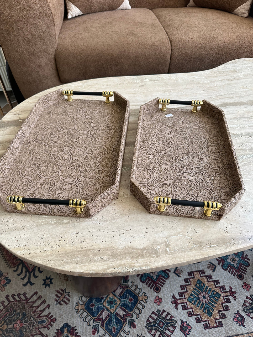Taupe Leather Tray set with design 022