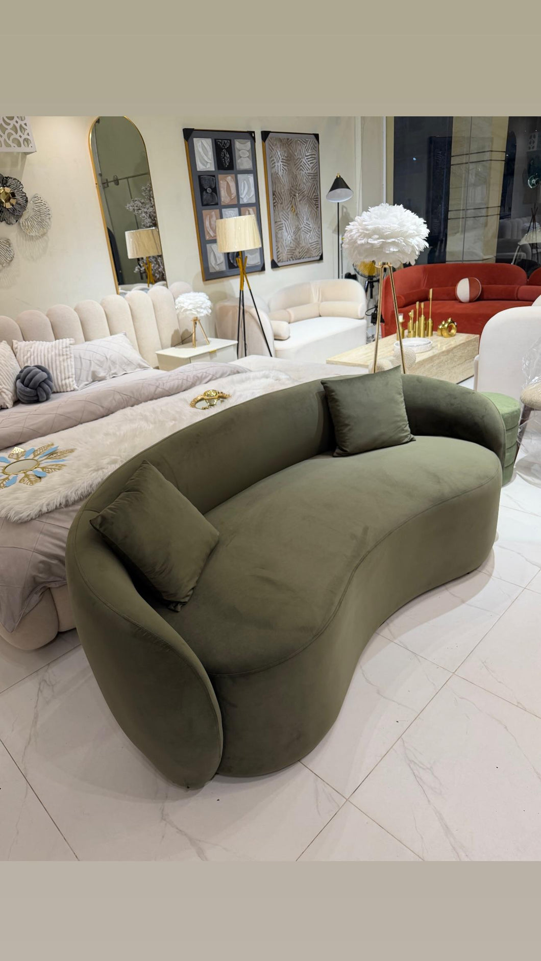 Olive Green curved sofa