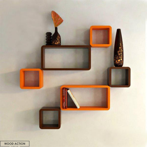 Wall Shelf Set Of Six Cube Rectangle Designer Rack Shelves - Orange And Brown