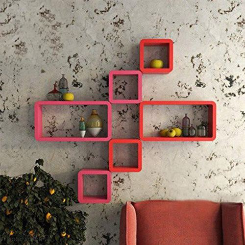 Wall Shelf Set Of Six Cube Rectangle Designer Rack Shelves - Pink And Red