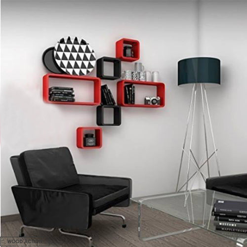 Wall Shelf Set Of Six Cube Rectangle Designer Rack Shelves - Red And Black
