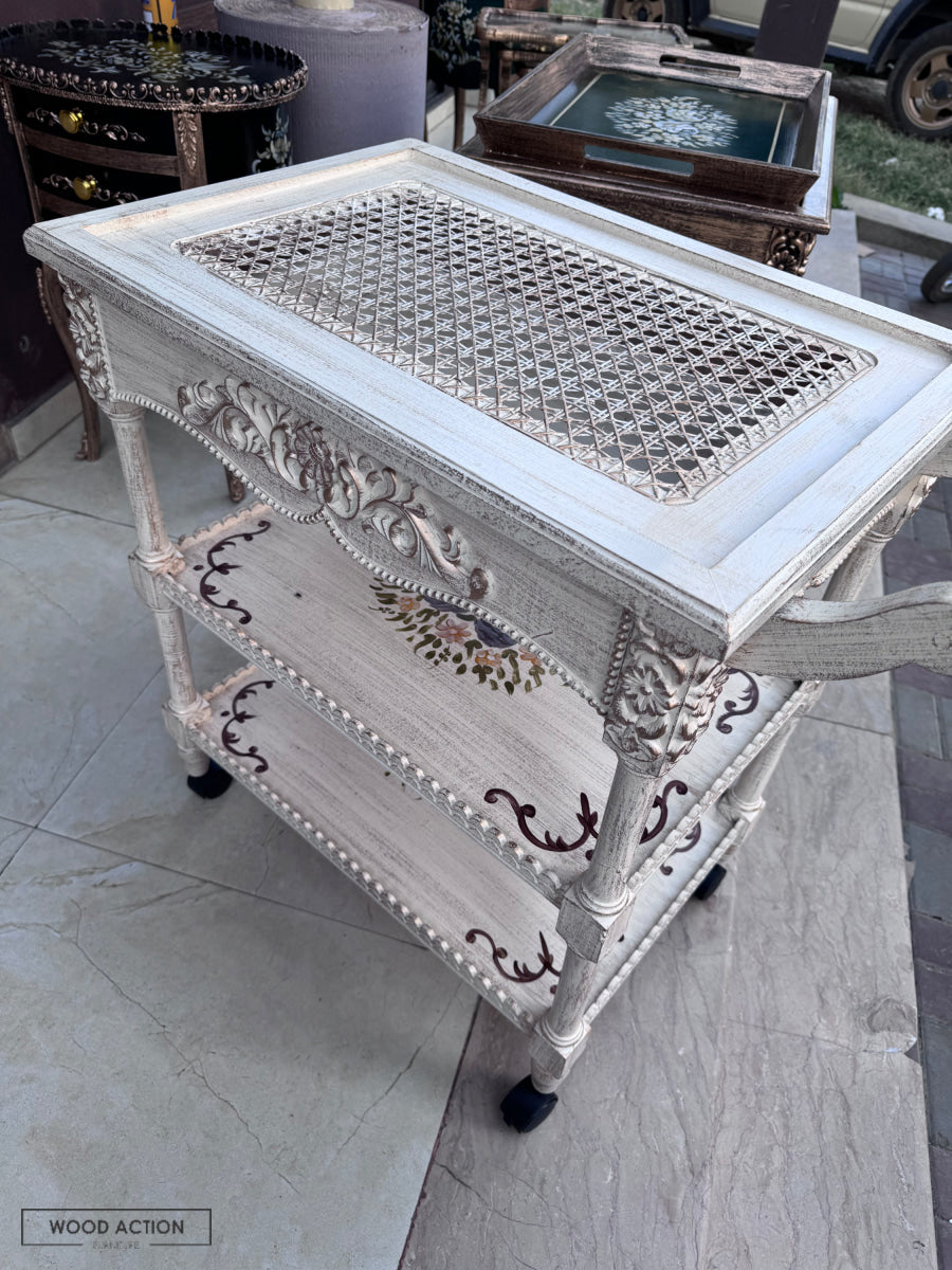 White Cane Wooden Trolley